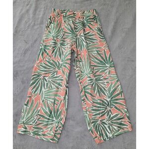 Sigrid Olsen Green Coral Tropical Linen‎ Pants Wide Leg Elastic Waist Size Small